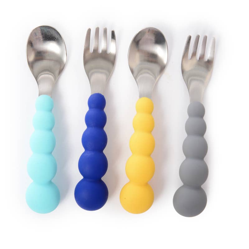 CB Eat Baby Silicone and Stainless Flatware Set - Blue/Grey